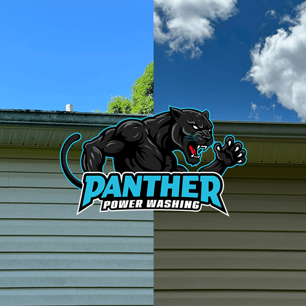 Before and after power washing, showcasing clean siding and the Panther Power Washing logo.