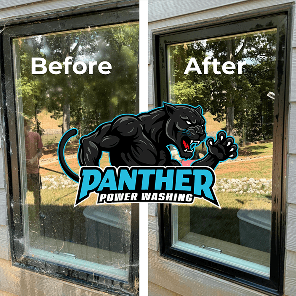 Before and after power washing window with Panther Power Washing logo in between.