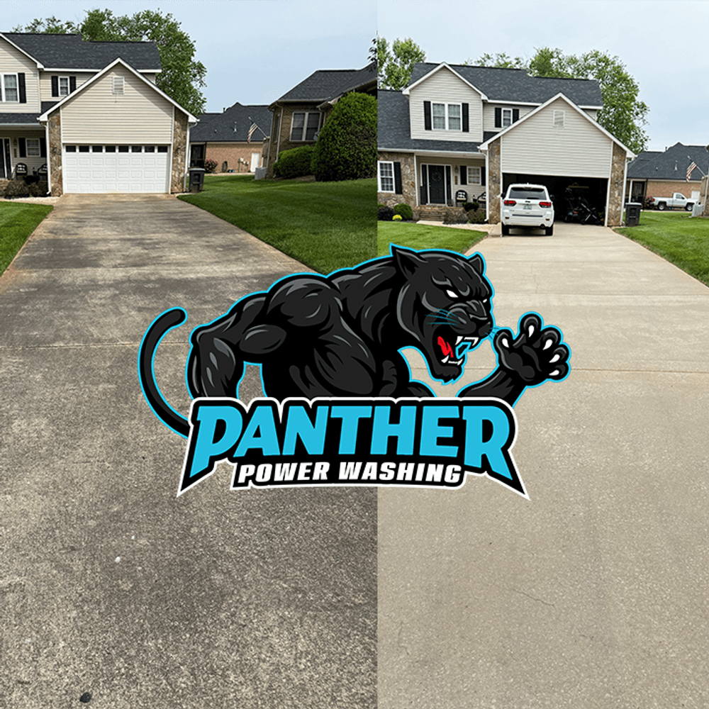 Before and after of a driveway power washed by Panther Power Washing, showcasing improved cleanliness.