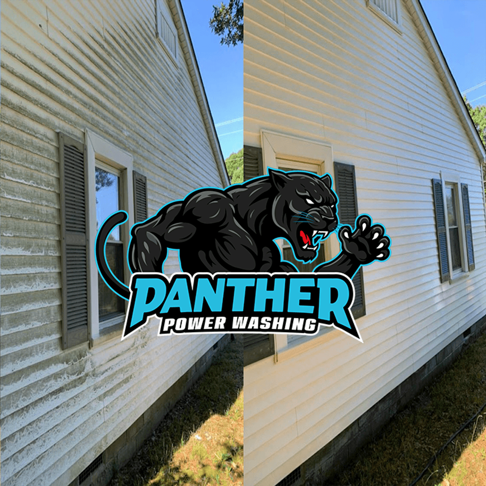 Before and after power washing of a house exterior showcasing significant cleaning results.