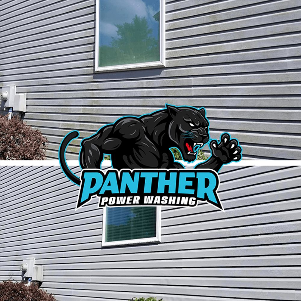 Power washing before and after with Panther Power Washing logo on siding. Clean exterior focus.