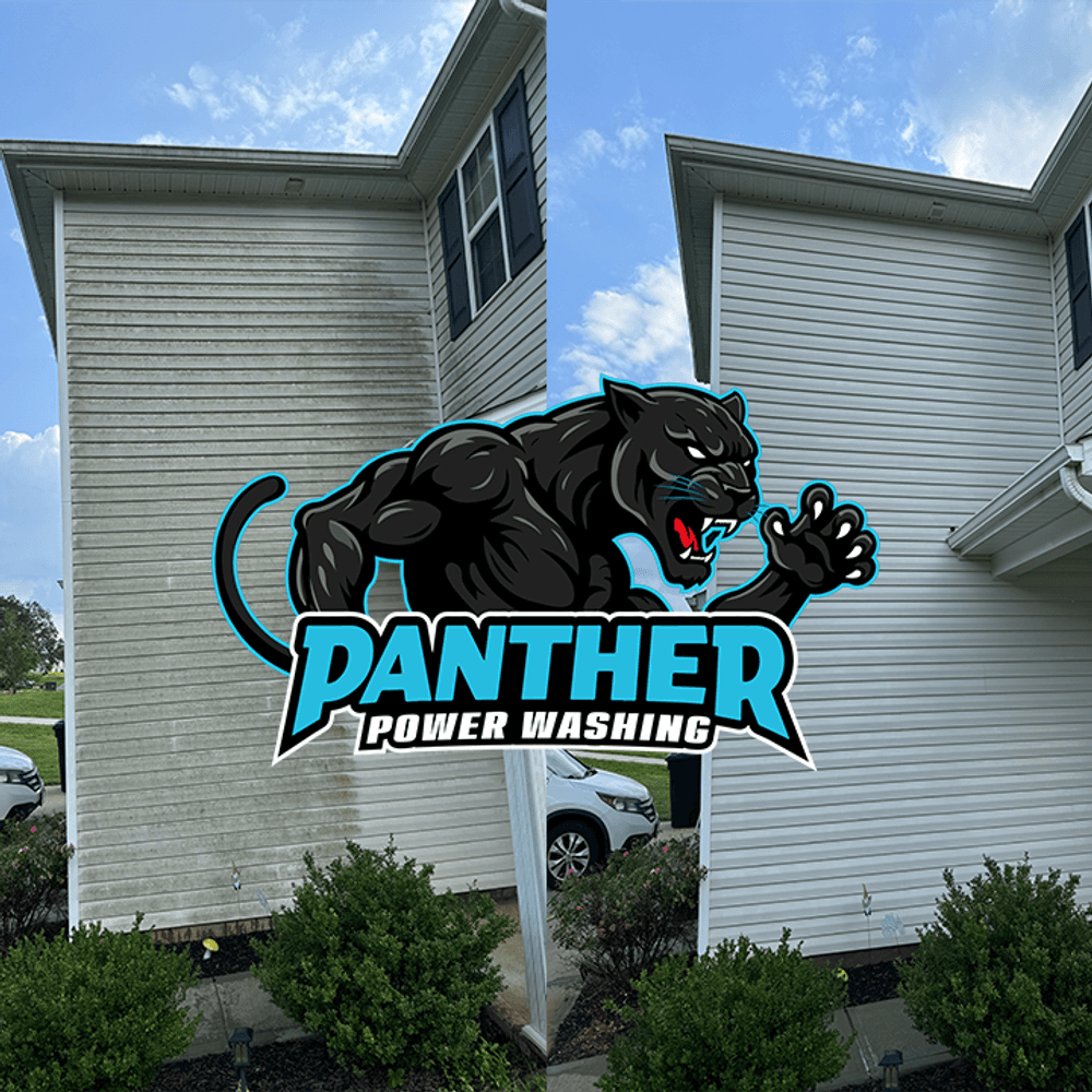 Before and after power washing service by Panther Power Washing on home exterior.