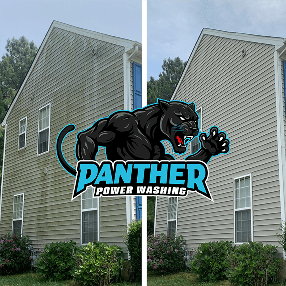 Before and after power washing service by Panther Power Washing on a home's siding.