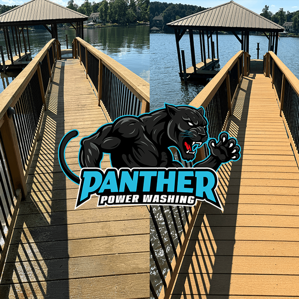 Before and after of a wooden dock power washed by Panther Power Washing, showcasing cleanliness.