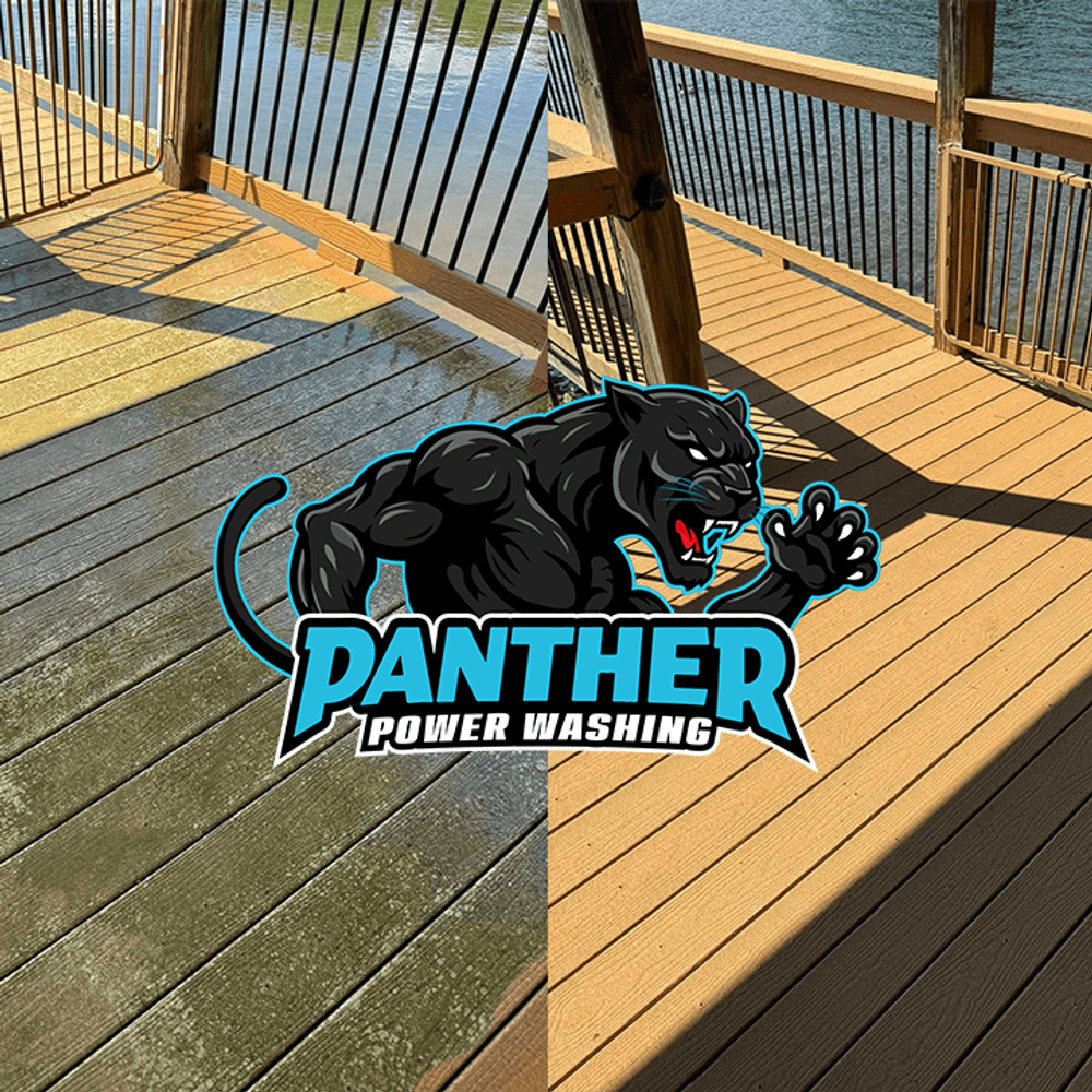 Before and after of a deck cleaned by Panther Power Washing, showcasing significant improvement.