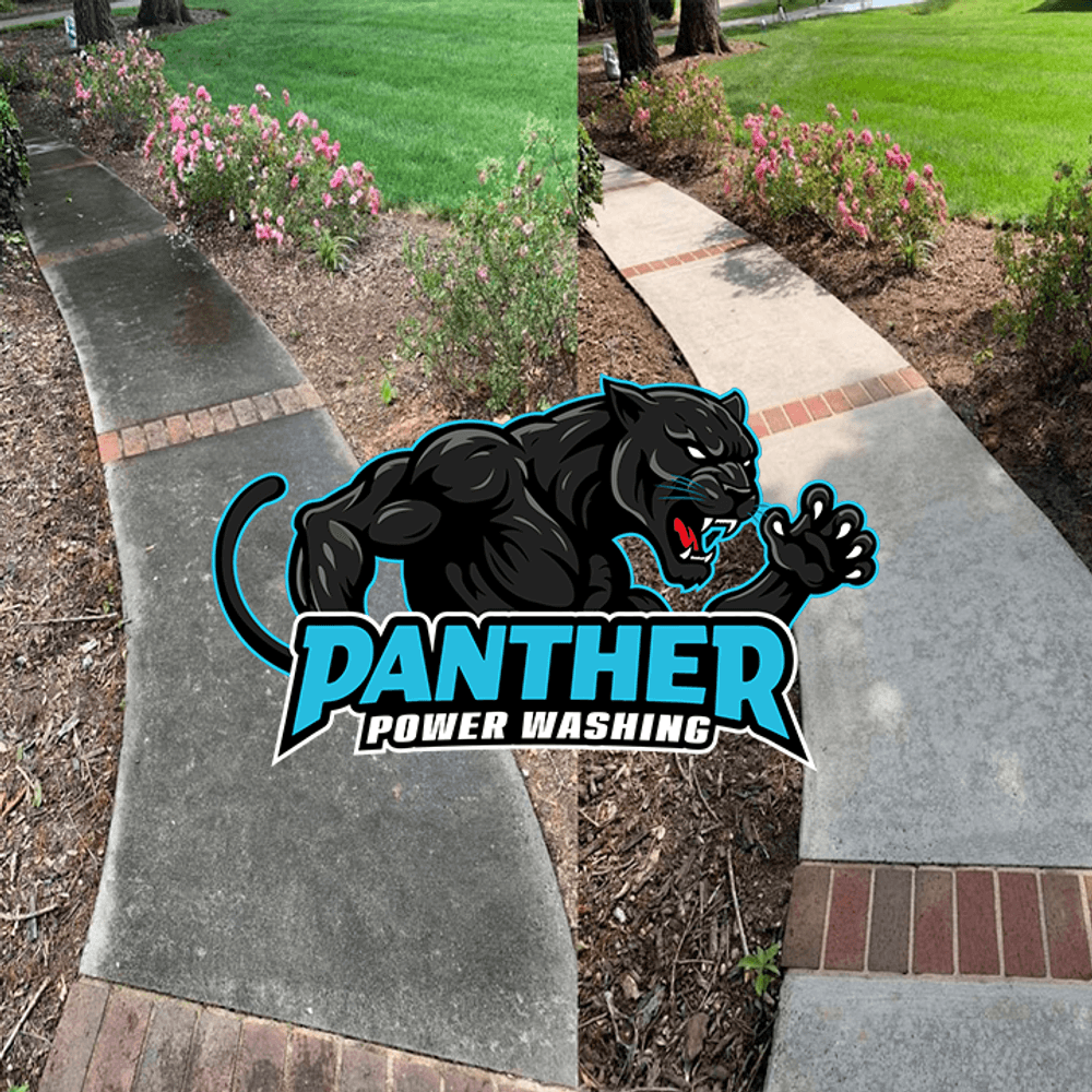 Before and after image of a sidewalk cleaned by Panther Power Washing, showcasing vibrant flowers.