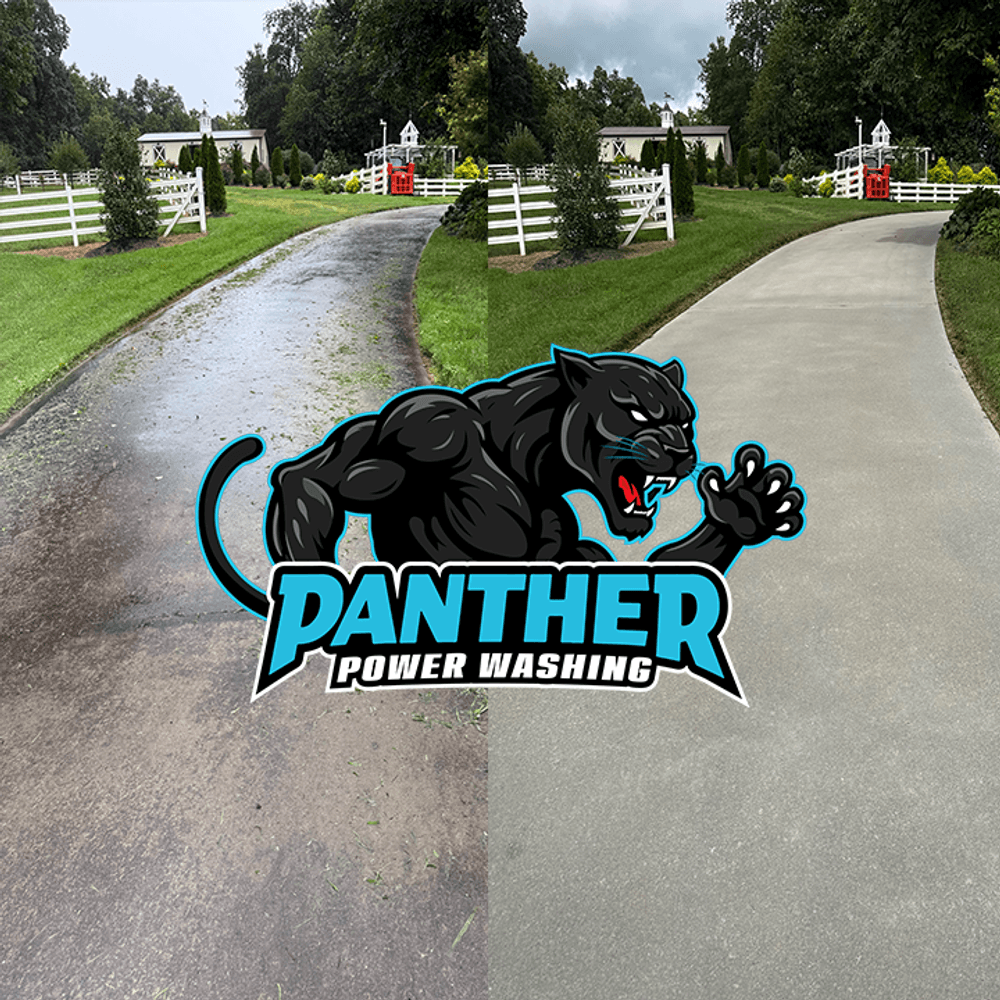Before and after power washing service highlighting clean walkway, Panther Power Washing logo.