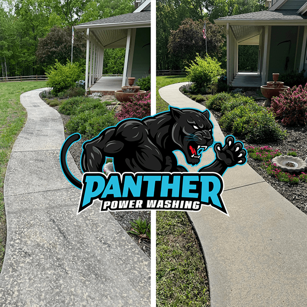 Before and after sidewalk cleaning by Panther Power Washing, showcasing improved curb appeal.